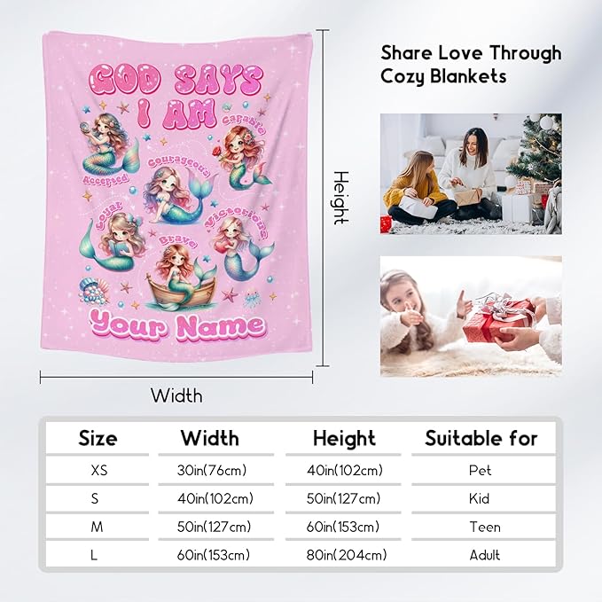 Personalized Mermaid Blanket for Girls, Custom Name Gift, Cute Fleece Fuzzy Throw for Couch Chair, God Says I Am Blanket for Kids, 40"x50"