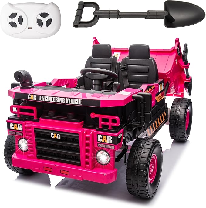 24V 4WD 2-Seater XL Kids Ride on Truck Electric Toy Car with Electric Dump Bed, Parents Remote Control Kids Car Tractor Toys Ride-on Dump Truck for Boys and Girls Ages 3+, Pink