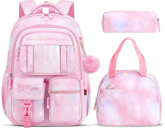 Tanou Backpack with Lunch Box for Girls, Kawaii Set School Bag for Kid Elementary Middle School, Aesthetic Laptop Bookbag Lightweight, Pink