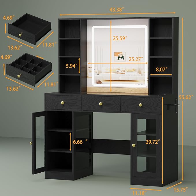 Vanity Desk with Mirror and Lights, White Makeup Vanity with Glass Top & Drawers, 3 Lighting Modes, Power Outlet, RGB Glass Cabinets, Modern Dressing Table for Girls, Women, Teens