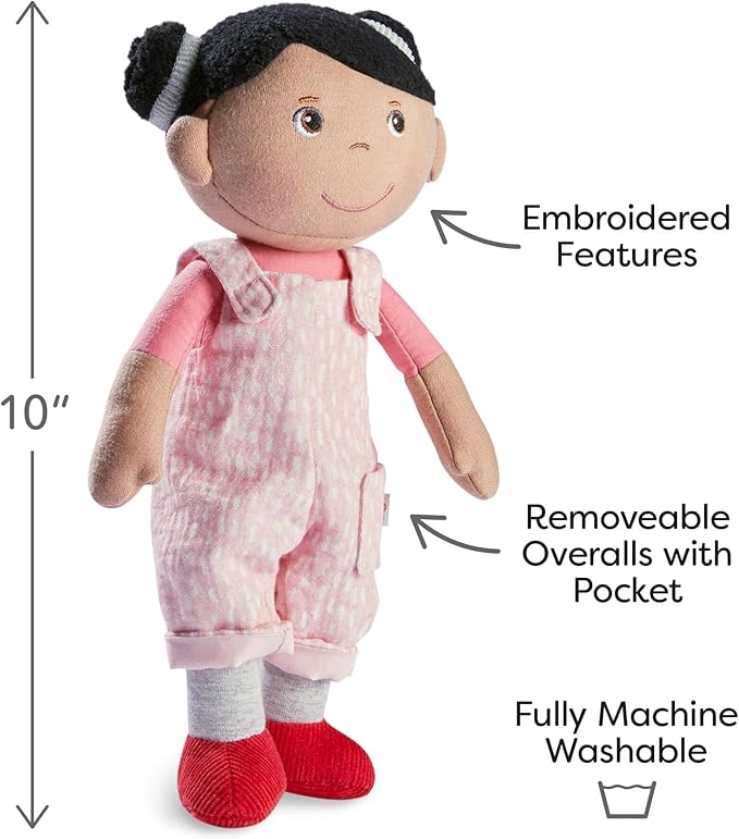 HABA Snug Up Doll Rumbi - 10" Soft Doll with Black Hair and Pink Overalls - Machine Washable for 18 Months and Up