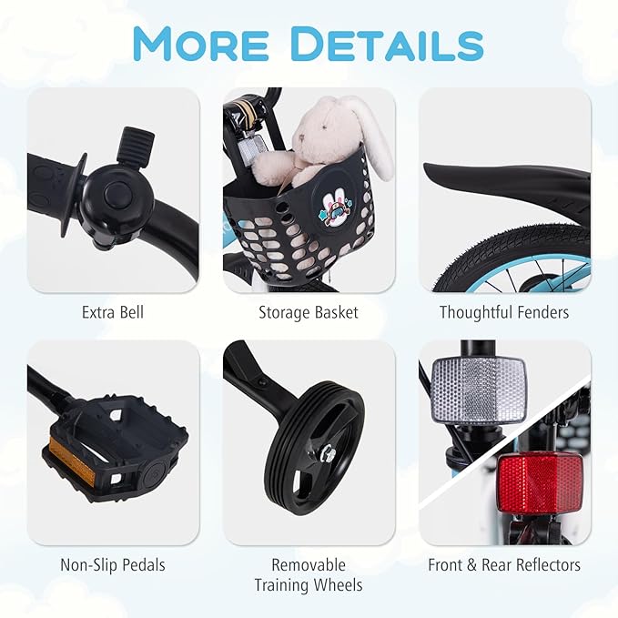 BABY JOY Rabbit Pilot Sporty Kids Bike, 12 14 16 18 Inch Child Bike for 3-8 Years Old with Adjustable Height, Training Wheels, Storage Basket, Handbrake & Coaster Brake, Kids Bicycle for Girls Boys