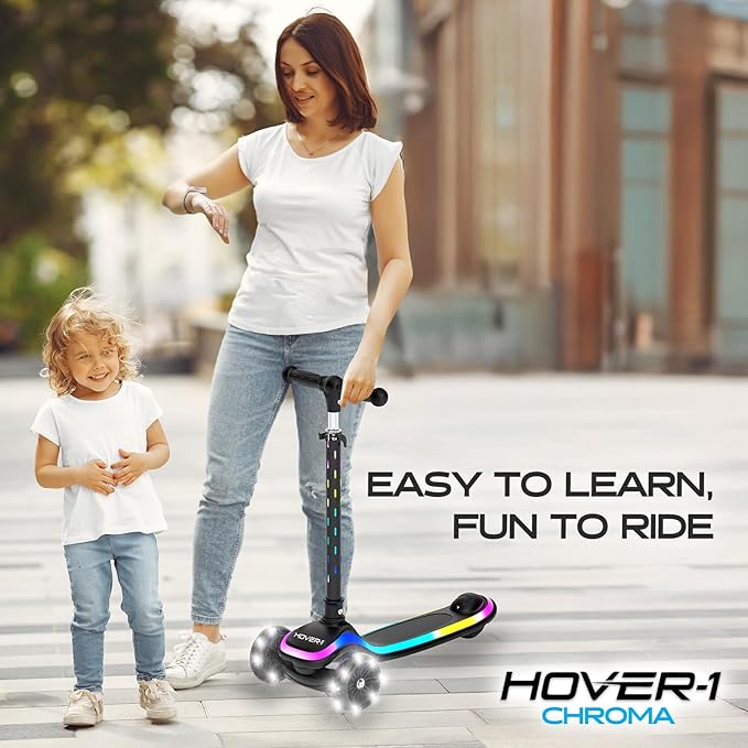 Hover-1 Chroma Folding Kick Scooter for Kids with Multicolor Wheel Lights, 3” Front Wheels, Rear Foot Brake, and 110 LB Weight Capacity