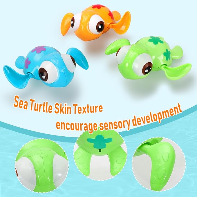 Bath Toys Set for Toddlers 1-3 Kids 4-8, 3Pcs Wind Up Swimming Turtle Water Toys with 1Pcs Shark Fishing Net, Floating Wind Up Turtle Bathtub Toys for Boys and Girls
