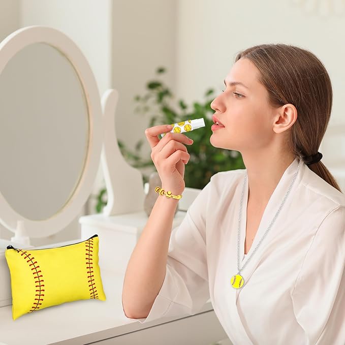 72 Pcs Christmas Softball Team Gifts Softball Party Favors Accessories for Teen Girls 12 Makeup Bags Lip Balm 12 Lipstick Holder Keychains Necklaces Mirrors Adjustable Bracelet for Sport Lover