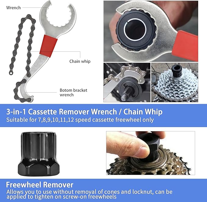 Bike Tool Kit, Professional Bike Repair Tools for Mountain Bike with 3-in-1 Cassette Remover Wrench Crank Puller Extractor Bottom Bracket Freewheel Remover Chain Breaker