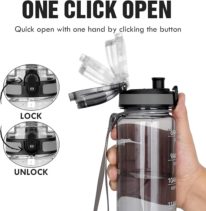 OLDLEY Water Bottle, 32oz Motivational Sports Water Bottle with Time Marker - Times to Drink - Tritan, BPA Free, Wide Mouth Leakproof,Smoke Grey (1 Bottle)