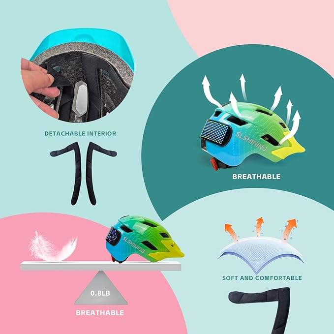 Kids Bike Helmet for Boys Girls: Helmets for Children and Adolescents 5-14 Years Old，64-Pattern LED Light Adjustable Kid Helmet Multi-Sport Protection