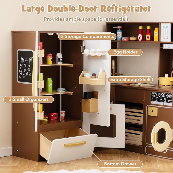 Costzon Corner Kitchen Playset, Kitchen Toy Set w/Real Lights & Sounds, Large Fridge, Ice Maker, Oven, Microwave, Washer, Trash Can & 22 Accessories, Wooden Pretend Play Kitchen for Kids 3+ (Brown)