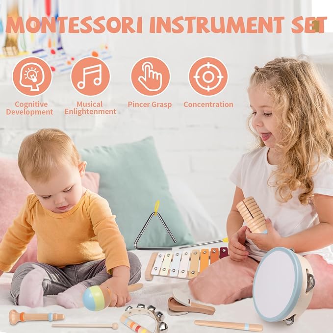 Baby Musical Instruments Set - Montessori Wooden 18 Month Old Baby Musical Toys, Toddler Percussion Instruments Xylophone Maracas Tambourine for Toddlers 1-3, Christmas stocking stuffers Gift for kids