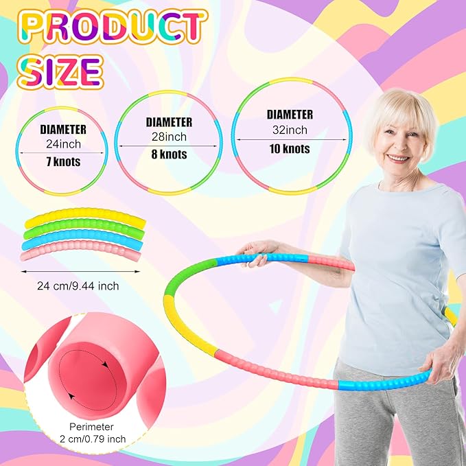 Syhood 12 Pcs Toy Color Hoop Plastic Detachable Adjustable Hoop Light Weight Exercise Fitness Equipment Toy Waist Ring for Adult Party, 3 Sizes(Green, Pink, Yellow, Blue)