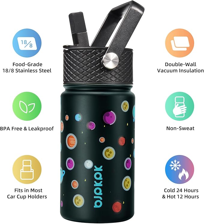 BJPKPK Water Bottle with Straw Lid, 15 oz Insulated Water Bottle, Stainless Steel Metal Water Bottles, Reusable Leak Proof BPA Free Thermo, Flask, Cups, Planets