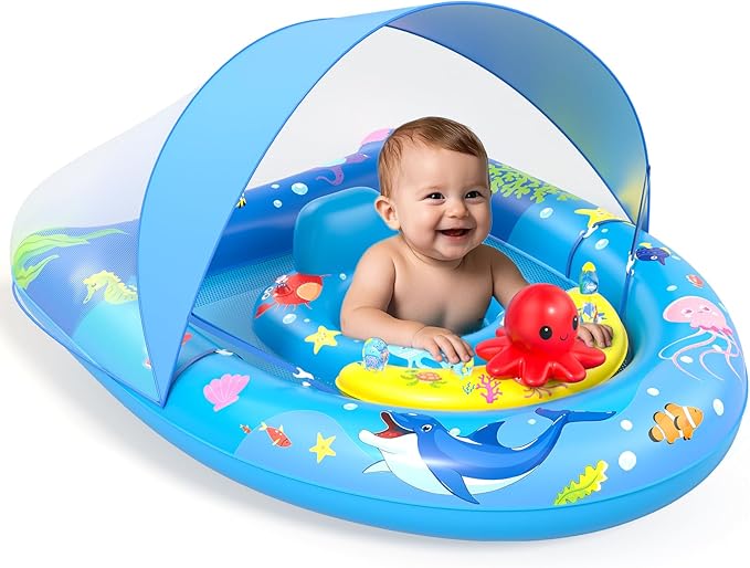 Sunrad Baby Pool Float with Canopy UPF50+ Sun Protection, Inflatable Baby Swim Float with Toy Play Console & Adjustable Safety Seat, Toddler Infant Pool Floaties for 6-36 Months
