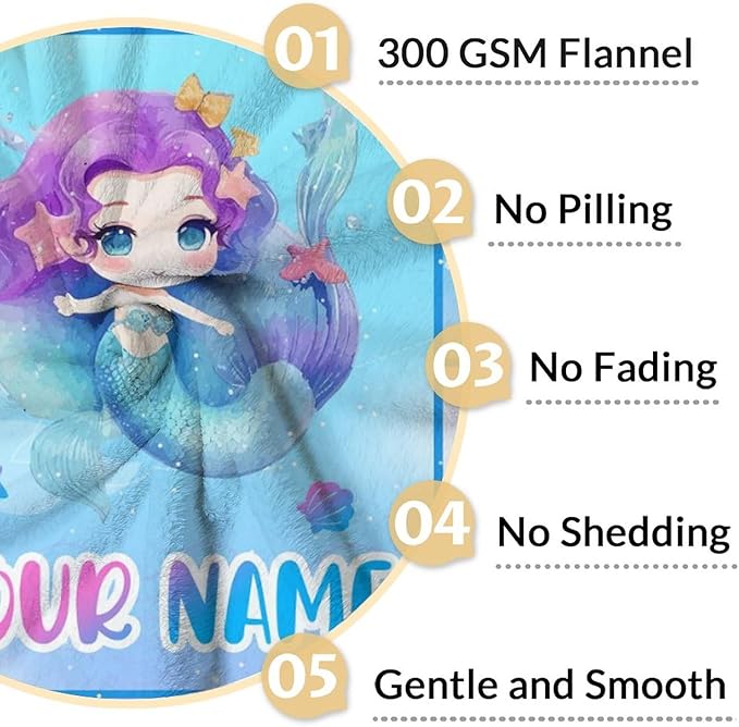Personalized Mermaid Blanket with Name - Soft, Fuzzy & Warm - 50"x60" Throw Size Blanket for Bed, Couch, Sofa - Blue Cute Throw Gifts for Girls