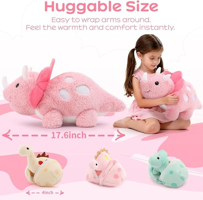 17.6in Pink Dinosaur Toys for Girls, Mommy Dinosaur Stuffed Animal with 3 Baby Dino Plush(Triceratops, Stegosaurus and Diplodocus),Small Dino Plushies for Girls and Boys,Gifts for Kids