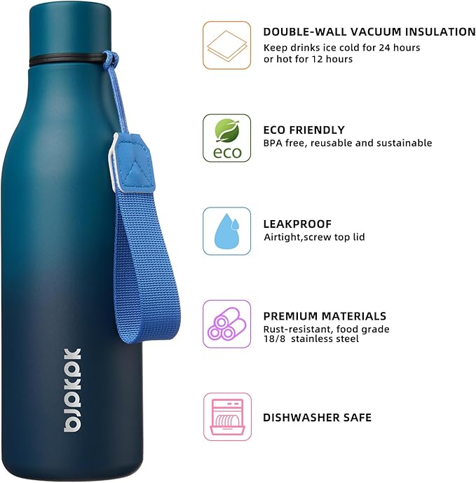 BJPKPK Insulated Water Bottles, 18 oz Stainless Steel Metal Water Bottle with Strap, BPA Free Leak Proof Thermos, Mugs, Flasks, Reusable Water Bottle for Sports & Travel, Sea