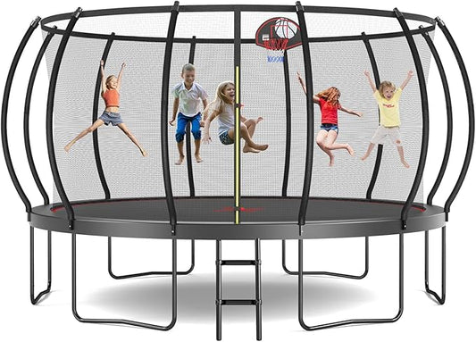Tatub Large Trampolines Outdoor 10 12 14 15 16FT for Kids and Adults,Outdoor Recreational Pumpkin Trampolines with Curved Poles and Safety Enclosure Net, Basketball Hoop, Ladder