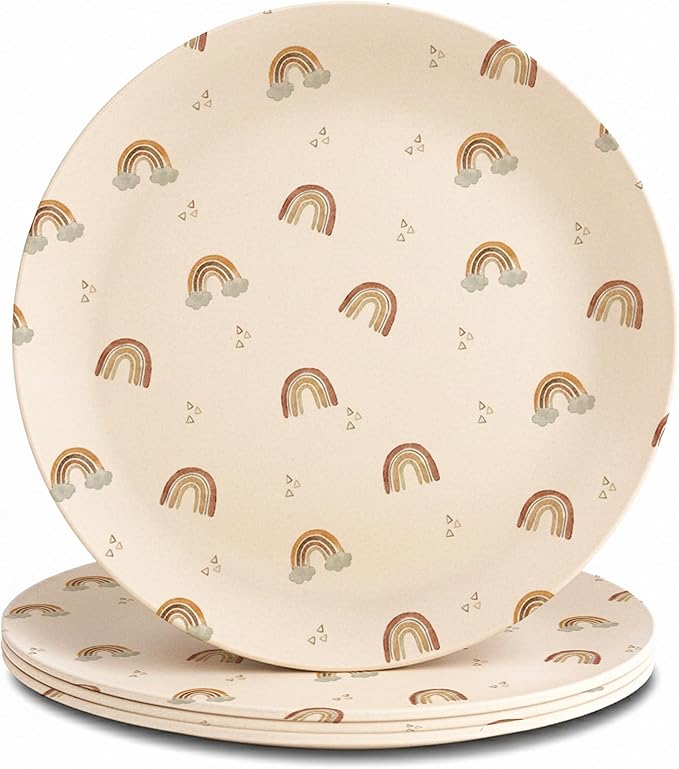Nook Theory 4 Pack Reusable Bamboo Plates - Non-Toxic Plate, Dishwasher Safe, Not Microwavable Dinnerware (Rainbow 10")