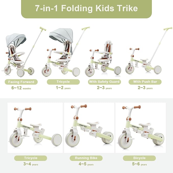 Toddler Trike Collapsible Frame Lightweight Kid Rider Tricycle 7-in-1 with Removable Pedal Ages 1Y-6Y