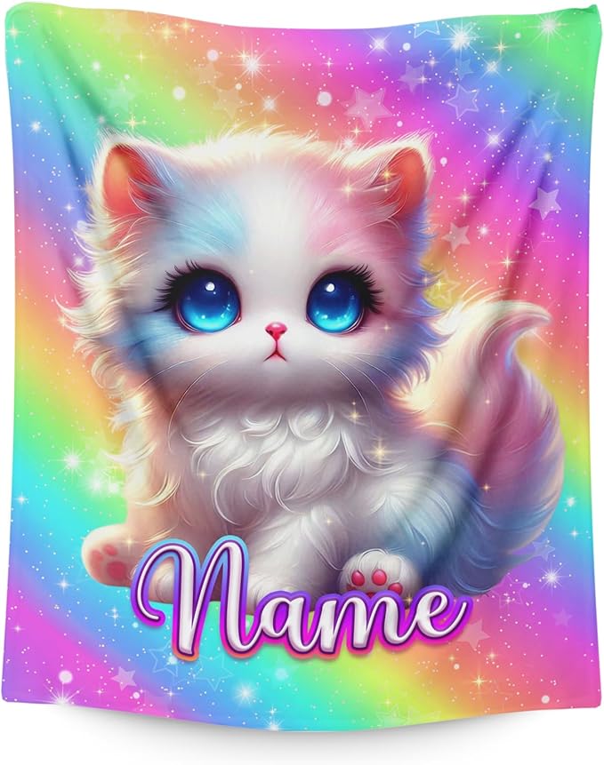 Kids Blanket for Toddlers Girls Cat Lovers Personalized Cute Stuff Throws Gifts, 30x40 Inches Small Soft Cozy Warm Custom Cat Blankets with Name Gifts for Sofa Chairs