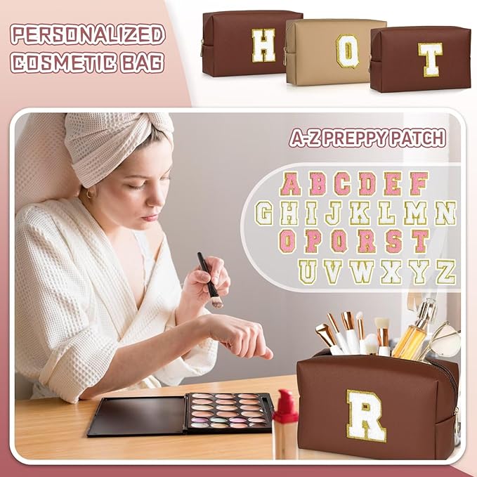 TOPEAST Preppy Makeup Bag, Personalized Initial Bags with Zipper, Cute Makeup Pouch, PU Leather Waterproof Cosmetic Bag, Birthday Gift for Daughter, Preppy Things for Girls (Brown A)