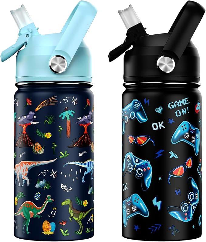 14oz Kids Insulated Water Bottle with Straw Lid - 18/8 Stainless Steel Kid Cup Travel Tumbler Double Wall Vacuum Leak Proof Portable Toddler Water Bottle (Game + Dinosaur)