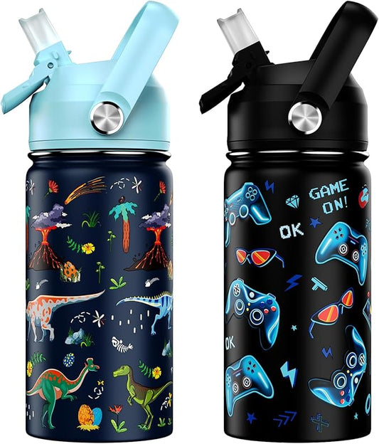 14oz Kids Insulated Water Bottle with Straw Lid - 18/8 Stainless Steel Kid Cup Travel Tumbler Double Wall Vacuum Leak Proof Portable Toddler Water Bottle (Game + Dinosaur)
