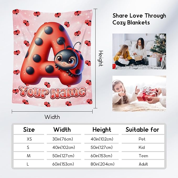 Custom Blanket with Name - Kids Blankets with Ladybug for Girls Boys - Personalized Monogram Gifts for Daughter Son - Fuzzy Plush Flannel Throws - 4 Sizes for Toddler/Children/Teens/Adults
