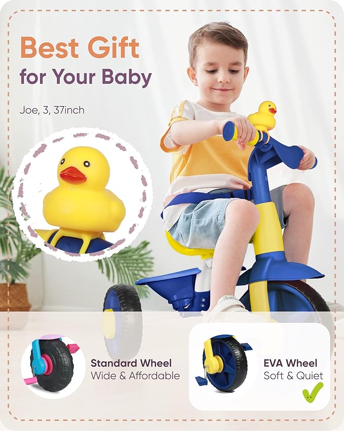KRIDDO 2 in 1 Kids Tricycles Age 18 Month to 3 Years, EVA Wheels Upgraded Trikes Gift for Toddlers 2 to 3 Year Old with Push Handle and Duck Bell, Blue