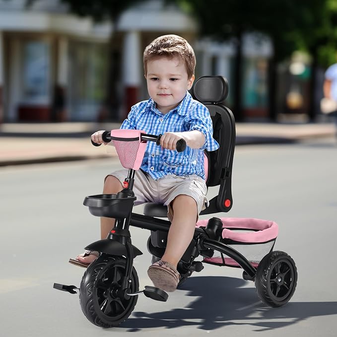 Folding Kids' Tricycle, 8 IN1 Baby Trike W/Removable Canopy &Parental Push Rod, Toddler Bike Stroller for Kids 1-5 Years, 360° Swivel Seat, EVA Wheels，Storage Basket, Pink