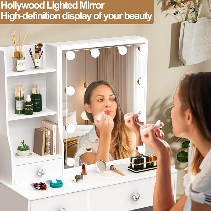 Makeup Vanity Desk with Sliding Mirror and Lights, White Vanity Desk with Lighted Mirror, 3-Color Adjustable Brightness, USB Port, Drawers, Small Vanity Set with Stool for Bedroom, Girls & Women