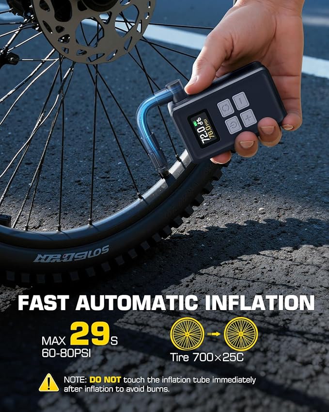 Mini Electric Bike Pump, 29s Fast Inflation, 150PSI Portable Bike Air Pump with Pressure Gauge, Presta and Schrader Valves, Suitable for Road Bikes, Mountain Bikes, Motorcycles, and Balls