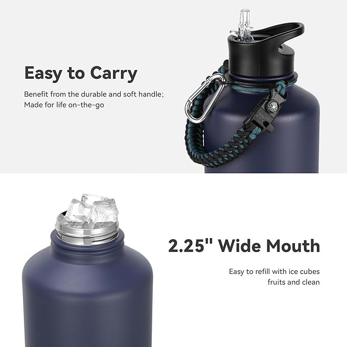 64 oz Insulated Water Bottle with Straw & Spout Lids, Stainless Steel Metal Half Gallon Water Jug with Paracord Handle, Double Wall Vacuum, Leakproof, Keep Drinks Cold & Hot, Navy