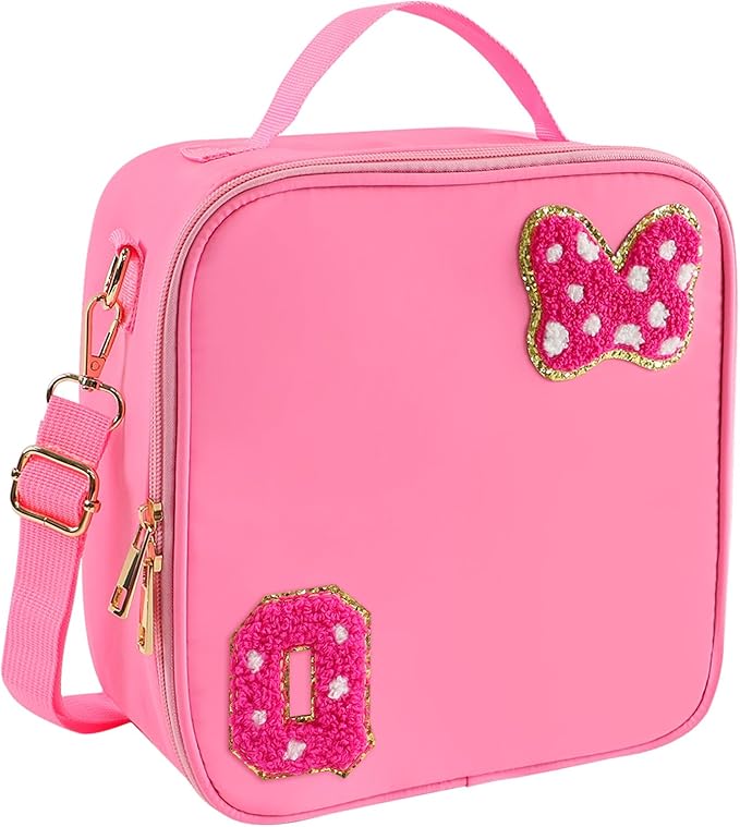 Preppy Initial Bow Mouse Lunch Bag, Kids Insulated Lunch Box Gifts for Teen Girls Daughter, Reusable Soft Lunch Containers Crossbody Cooler Bag Must Haves for Park Travel School Work Picnic Pink Q