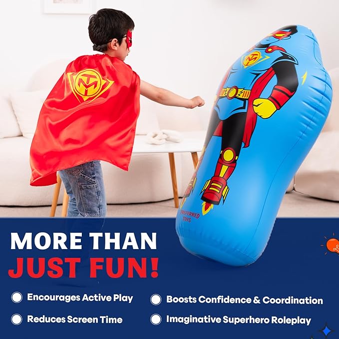 Inflatable Punching Bag for Kids – 47-Inch Bop Bag with Instant Bounce-Back Action, Includes Mask & Comic Book – Heavy Duty PVC Punching Dummy for Boys & Girls, Indoor & Outdoor Play