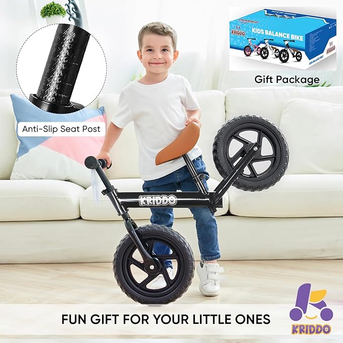 KRIDDO Toddler Balance Bike 2 Year Old,12 Inch Push Bicycle with Customize Plate (3 Sets of Stickers Included), Steady Balancing, Gift Bike for 2-5 Boys Girls, Black