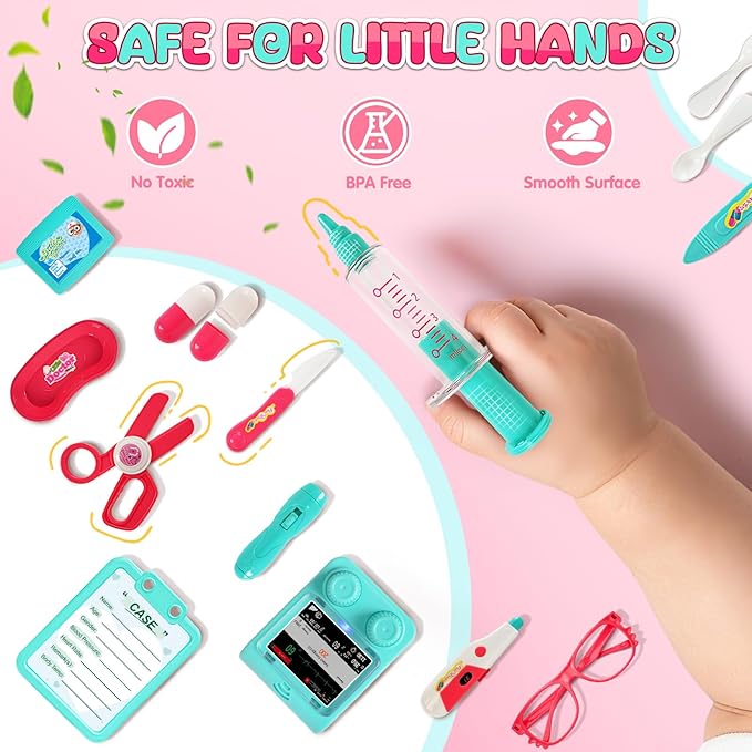 Upgraded Doctor Pretend Playset for Toddlers, Pretend Play Medical Toy Doctor Cart, Doctor Toy for Toddlers 3-5, Christmas Birthday Costume Role Play Dress Up Gift Ideas for Boys Girls(Pink)