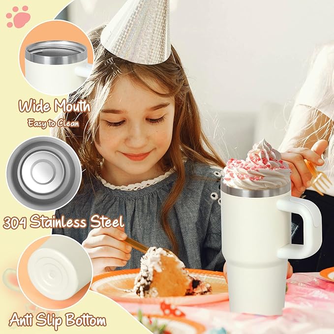 Cosictic 14 Oz Tumbler with Handle and Straw for Kids, Stainless Steel Double Wall Vacuum Insulated Cup for Children, 14 Oz Cups for Kids (Cream)