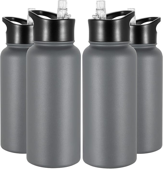 32 oz Insulated Water Bottle Bulk 4 Pack, Stainless Steel Sports Water Bottles with Straw Lid & Wide Mouth Lids, Double Walled Vacuum, Leak Proof, Gray