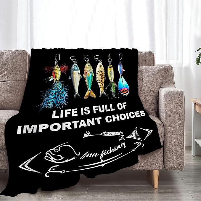 Fishing Blanket Fleece Soft Warm Plush Fishing Throw Blankets Lightweight Plush Fuzzy Cozy Fish Blanket Gifts for Lovers Men Women Suitable for Couch Sofa Bed 50"X40"