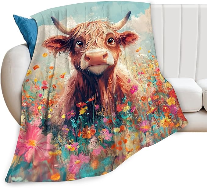 Highland Cow Blanket Cute Cattle Throw Blankets for Girls Boys Women Men Gifts Plush Cozy Flannel Fleece Fuzzy Flower Blanket for Bed Couch Sofa 60"X50"