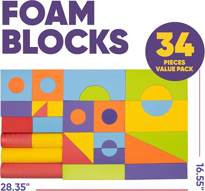 Set of 34 Large Foam Blocks for Toddlers - Stacking Soft Blocks for Kids with Shapes & Colors Learning - Construction Building Preschool Toys - Soft Toy for Daycare Toddlers 3-5 & Above