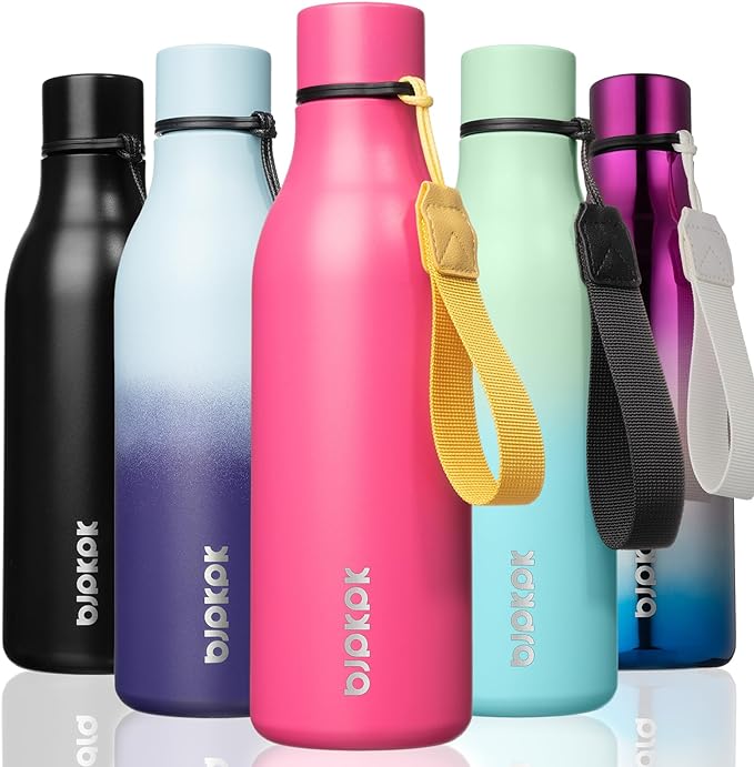 BJPKPK Insulated Water Bottles, 18 oz Stainless Steel Metal Water Bottle with Strap, BPA Free Leak Proof Thermo, Mugs, Flasks, Reusable Water Bottle for Sports & Travel, Pink