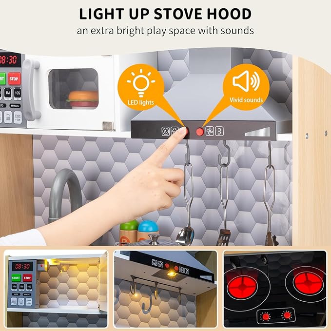 Wooden Play Kitchen for Kids – Pretend Play Kitchen Set with Cooking Accessories, Real Lights & Sounds | Chef Pretend Kitchen Playset for Toddlers, Wooden Kitchen Set with 6 Pcs Toy Food