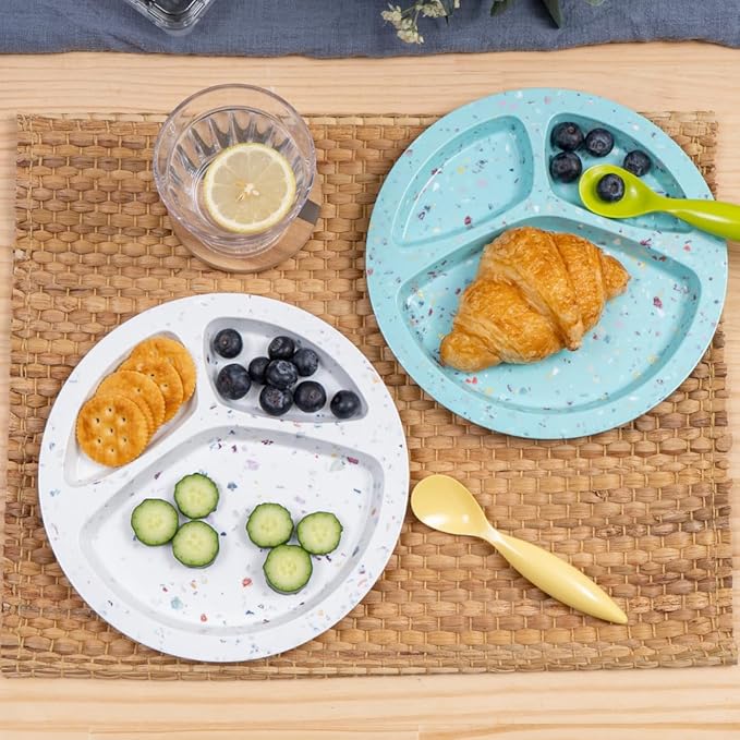 Bzyoo 9-Inch Melamine Divided Plates – 3-Section Portion Control Plates, Food Safe & Durable, Lightweight & Unbreakable, Reusable Tableware for Kids, Big Kids & Everyday Meals, Confetti White