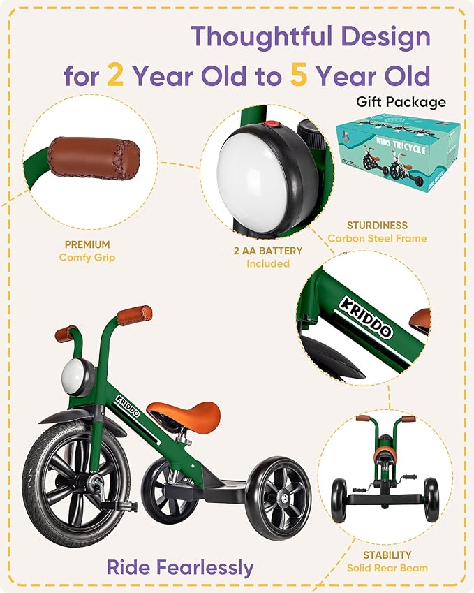 KRIDDO Kids Tricycles Age 2 Years to 5 Years, 12 Inch Puncture Free Rubber Wheel w Front Light, Adjustable Seat Height, Gift Toddler Tricycles for 2-5 Year Olds, Trikes for Toddlers, Green