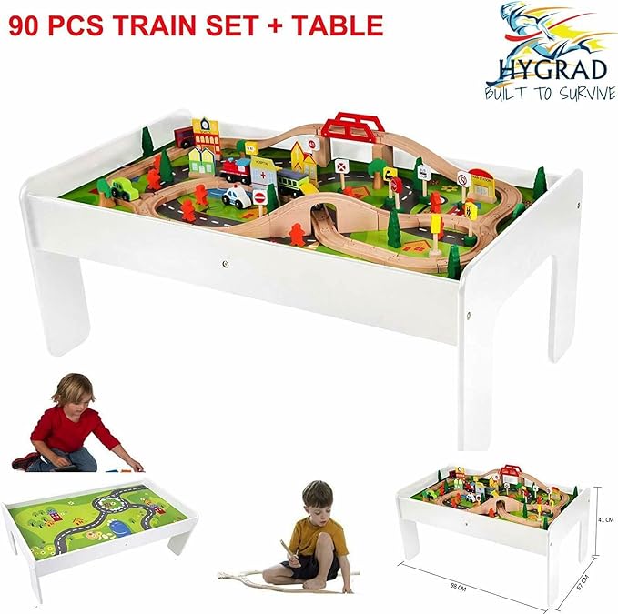 Wooden Train Set with Table 90 Pieces Wooden Kids Activity Toy Table Playset with Reversible Detachable Tabletop, Tracks, Train, Railway, City, Gift for Toddler Boys Girls Ages 3+