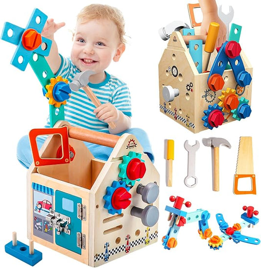 Montessori Toddler Tool Set - 33 PCS Wooden Kids Tools with Box / Bench, Montessori Educational Pretend Play Preschool Toys Gifts for 2 3 4 5 Year Old Boy Girl Kids, STEM Fine Motor Skills Tool Set