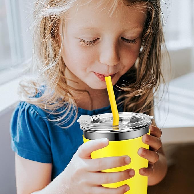 Kids Drinking Cups, Durable Stainless Steel Tumbler Cups with Lids and Silicone Straws, Easy-Grip Sleeves, Set of 2 Spill Proof Cups for Kids (Green & Yellow)