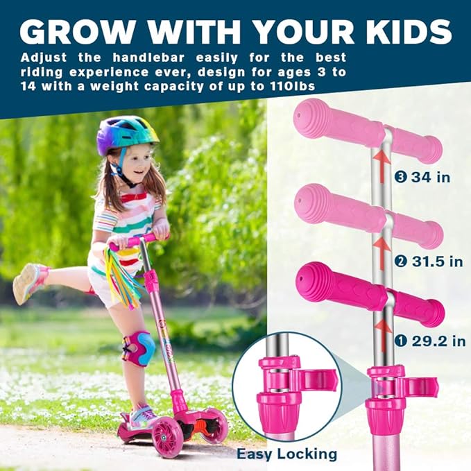 BELEEV Scooters for Kids 3 Wheel Kick Scooter for Toddlers Girls Boys, 4 Adjustable Height, Lean to Steer, Light up Wheels, Extra-Wide Deck, Easy to Assemble for Children Ages 3-12 (Rose Pink)